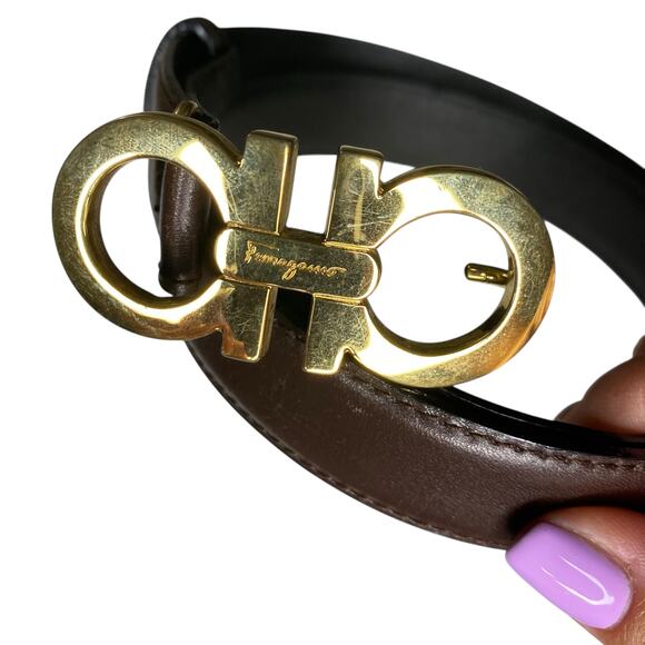 Women\'s Salvatore Ferragamo Double-Gancini Dark Brown Leather Belt Size 75 main image 6